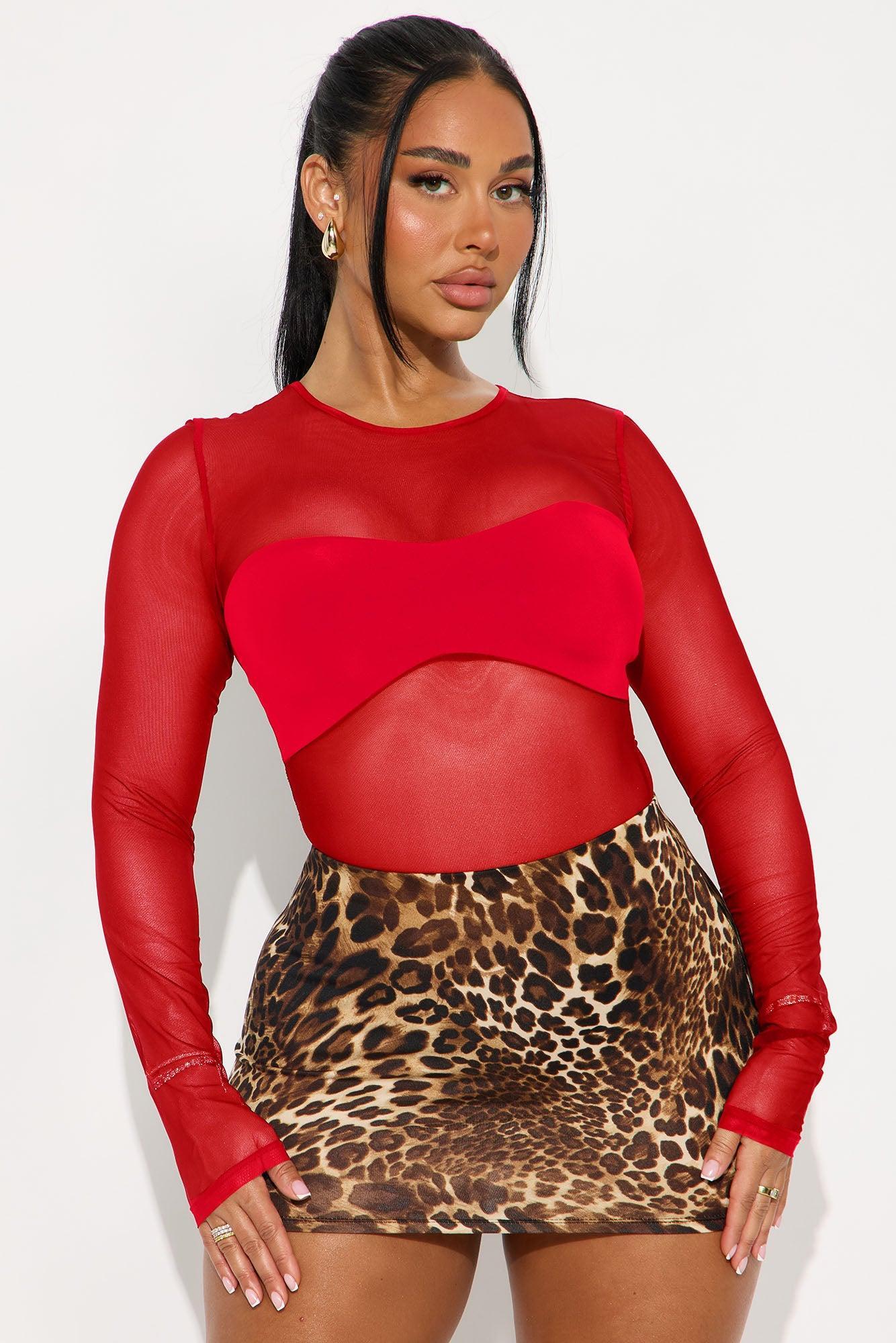 Under Pressure Sheer Mesh Long Sleeve Bodysuit - Red Female Product Image