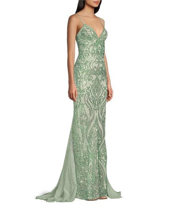 B. Darlin Double Spaghetti Strap V-Neck Lace-Up Back Sequin Dress Product Image