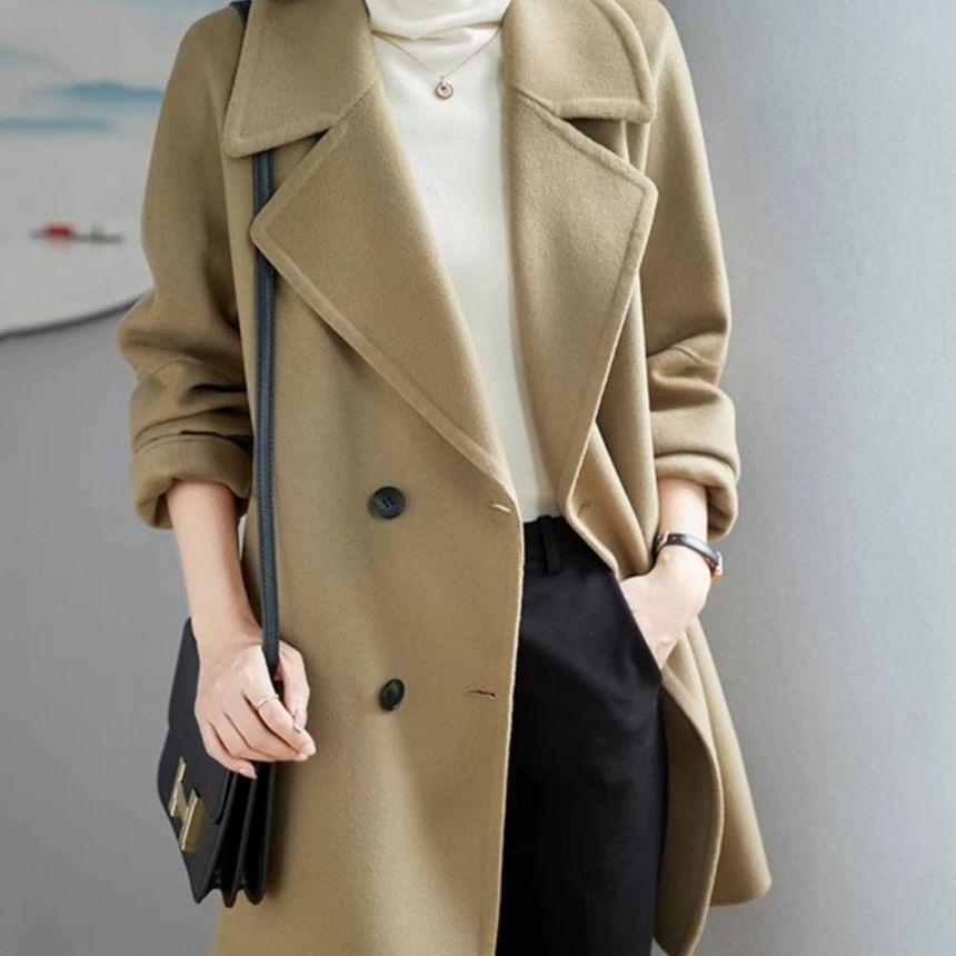 Lapel Collar Plain Double-Breasted Long Coat Product Image