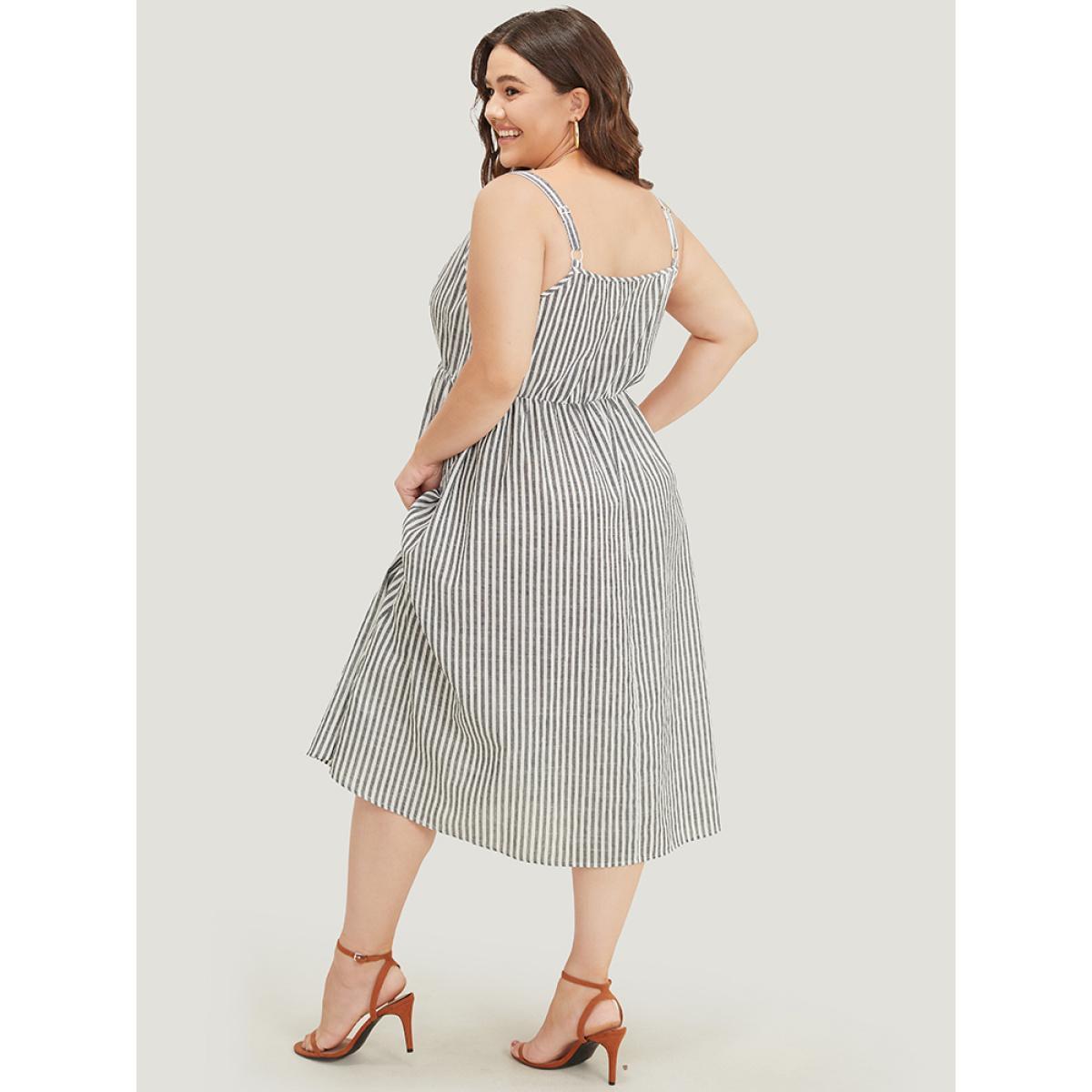 Plus Size Striped Geometric Pocket Button Detail Cami Dress Black Women Vacation Adjustable Straps Spaghetti Strap Sleeveless Curvy Midi Dress BloomChic 28/5X Product Image