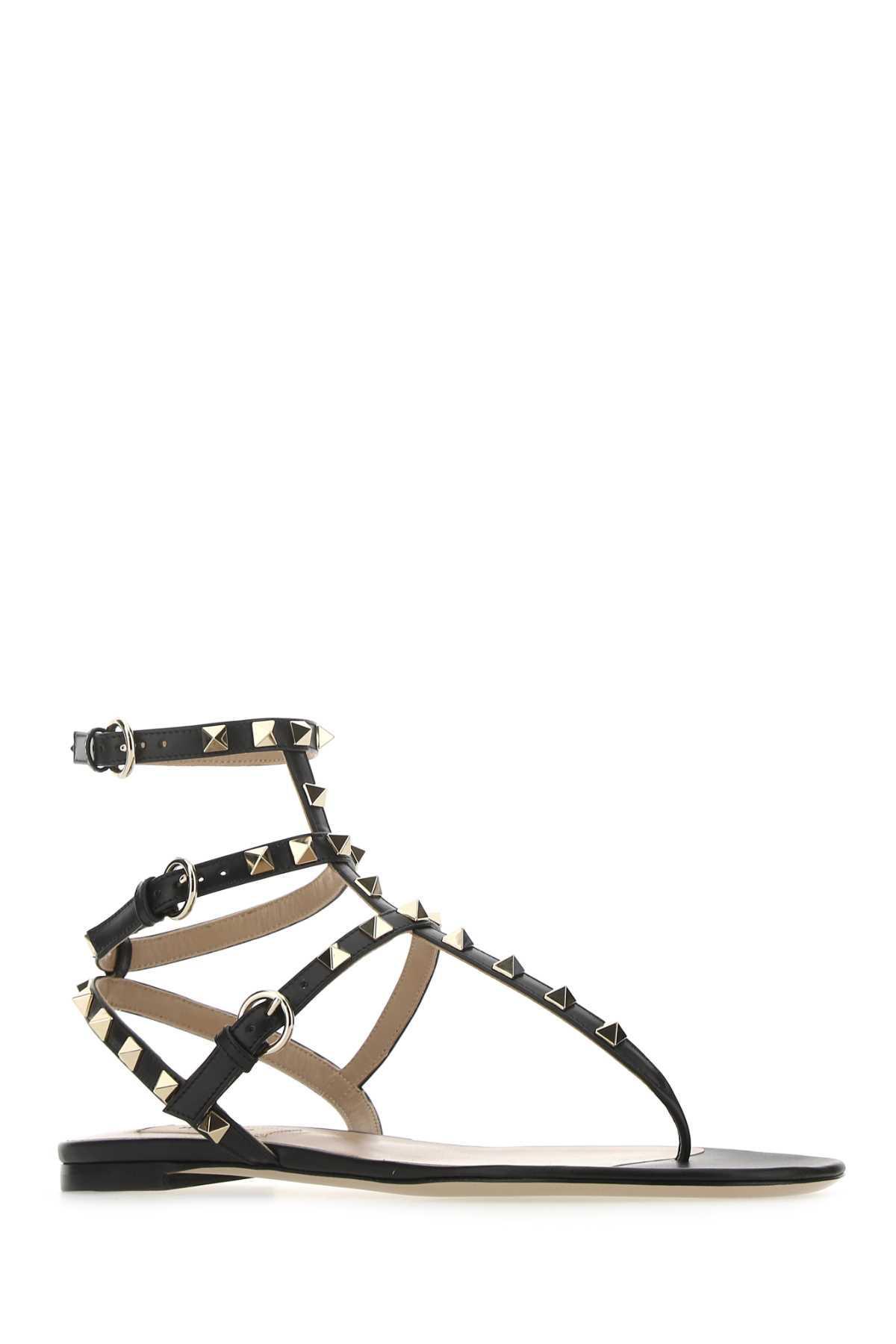 VALENTINO GARAVANI Black Leather Rockstud Thong Sandals  Nd  Donna 39 In Grey Product Image