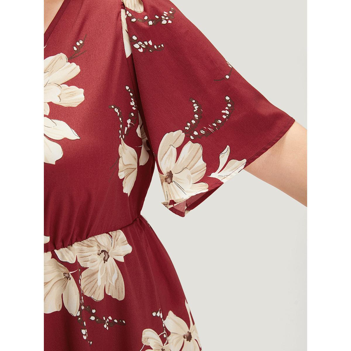 Plus Size Floral Print Knot Neck Pocket Ruffle Dress Burgundy Women Elegant Cross straps Tie Neck Short sleeve Curvy Midi Dress BloomChic 26/4X Product Image