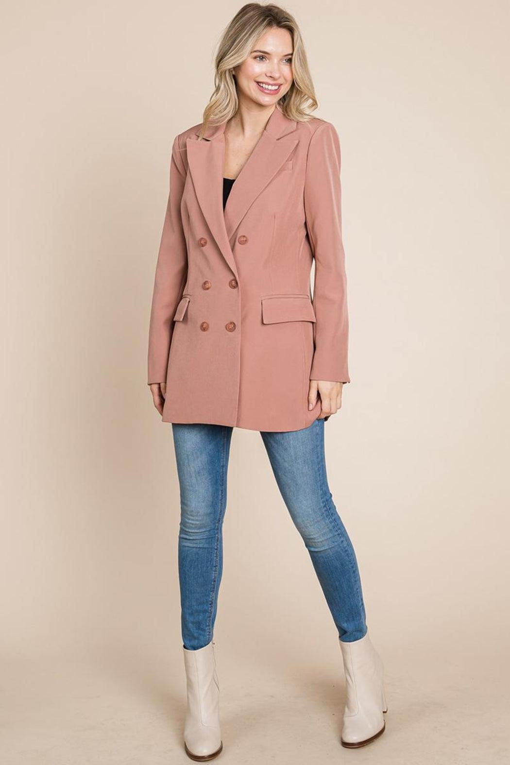 Collar Long Double Breasted Blazer Jacket Product Image