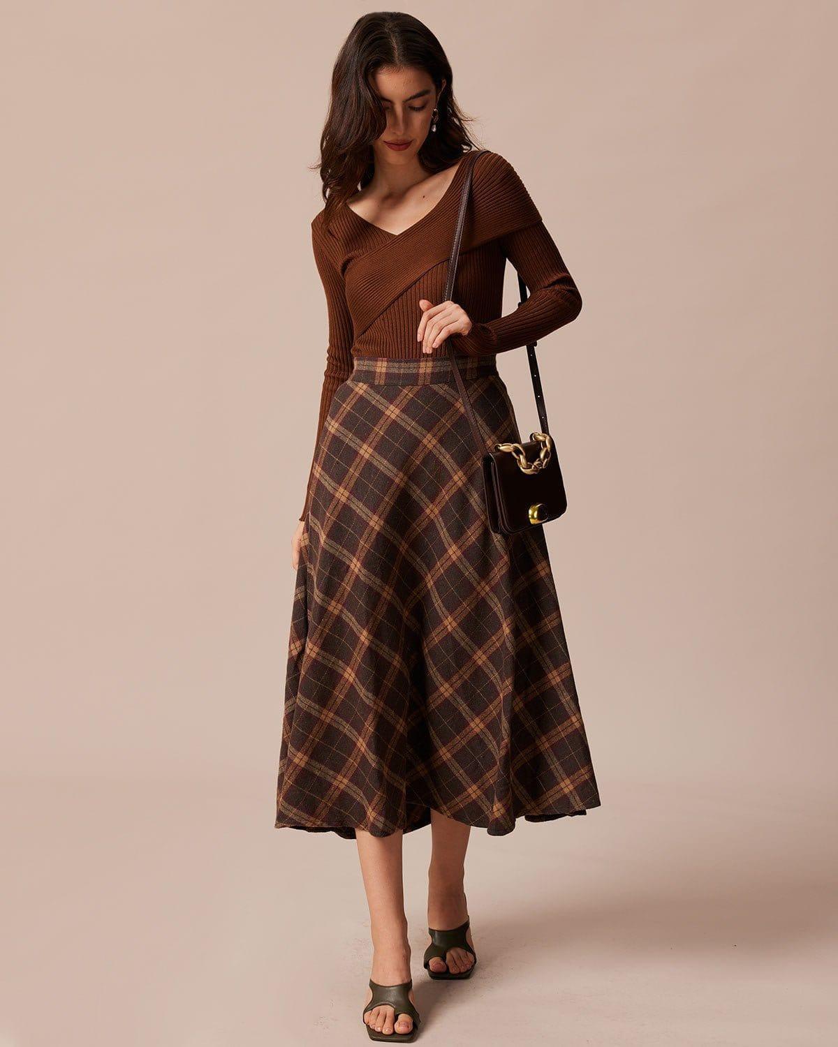 The Brown Elastic Waist Plaid A-Line Midi Skirt Product Image