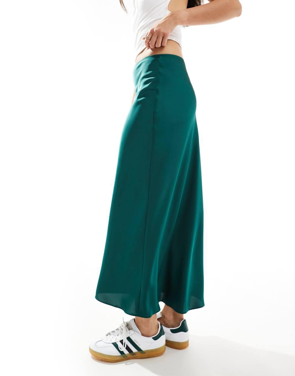 ASOS DESIGN satin bias cut midi skirt in green Product Image