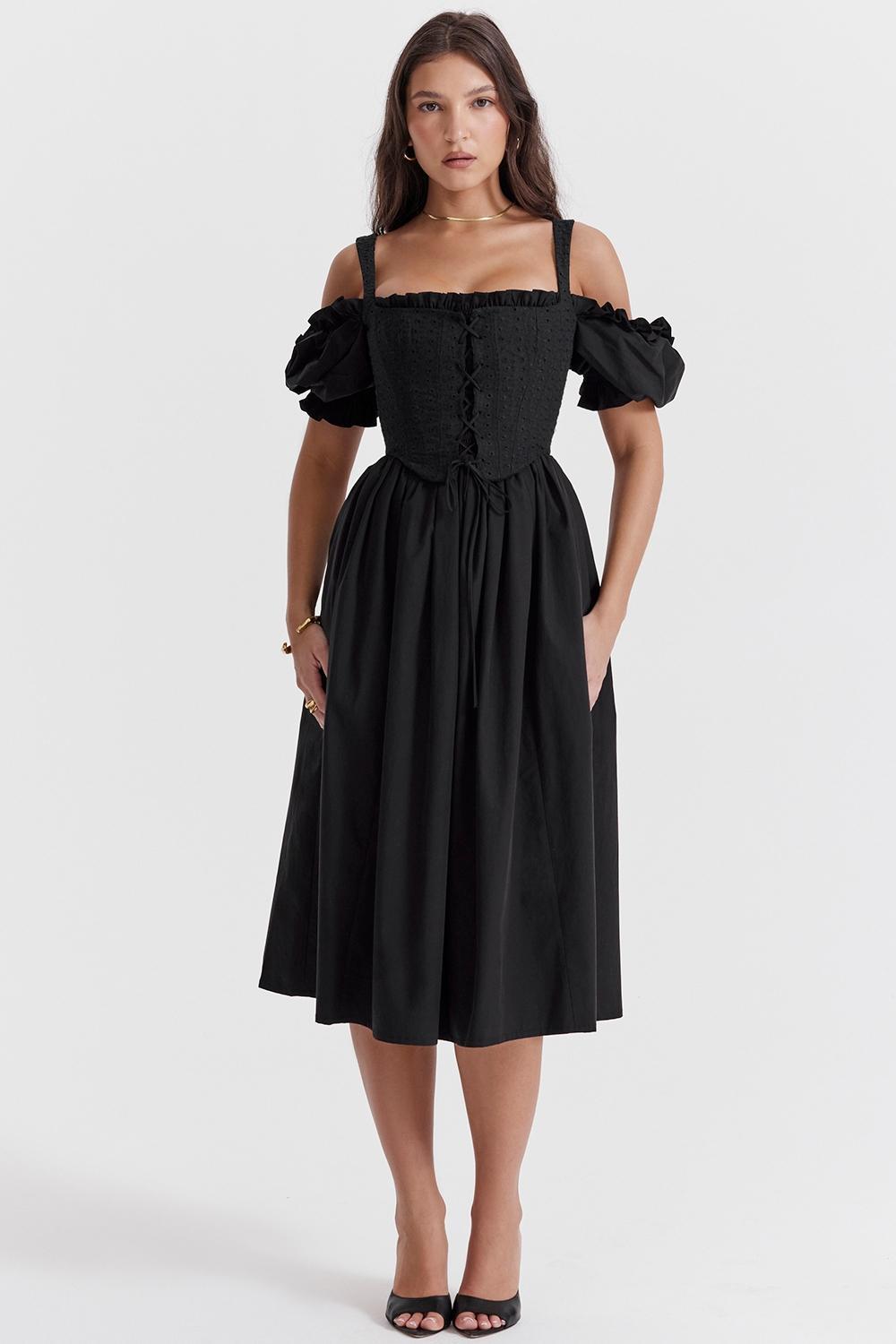 Silvana Black Puff Sleeve Midi Sundress Product Image