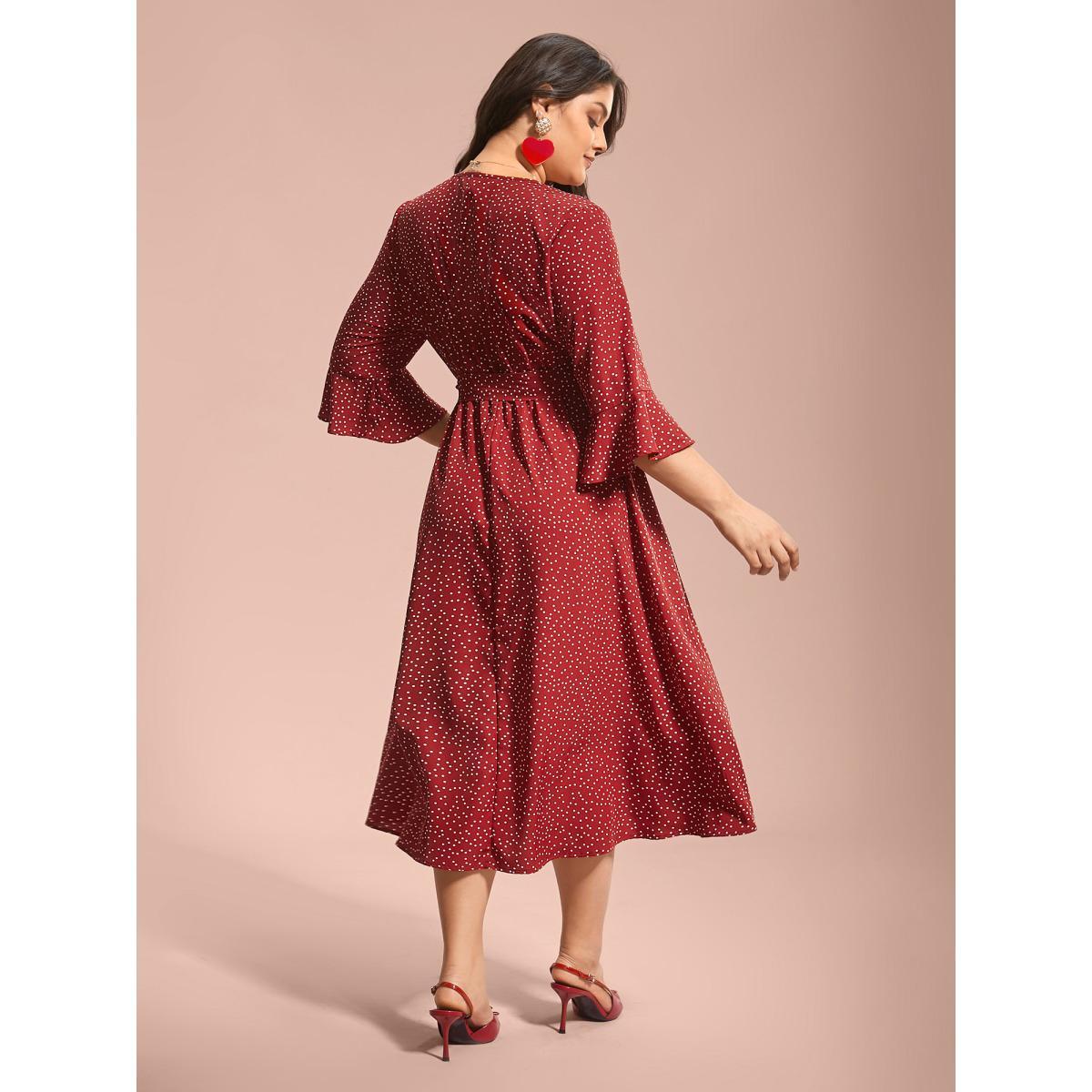 Plus Size Polka Dots Waist-Tie Ruffled Midi Dress Scarlet Women Romantic Overlapping V-neck Elbow-length sleeve Curvy BloomChic 26/4X Product Image