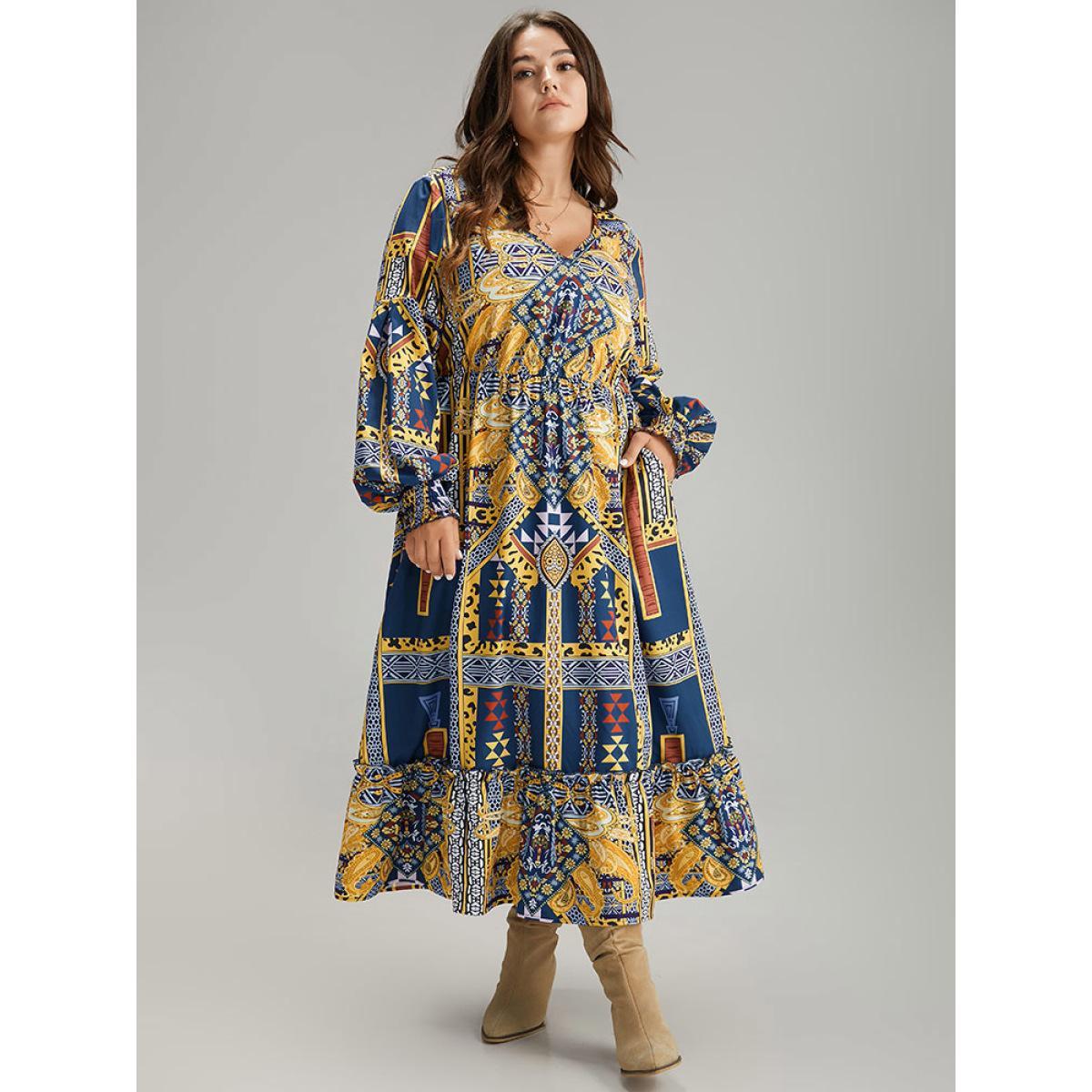 Plus Size Boho Print Shirred Pocket Ruffle Hem Dress DarkBlue Women Vacation Printed V-neck Long Sleeve Curvy Midi Dress BloomChic 12/L Product Image