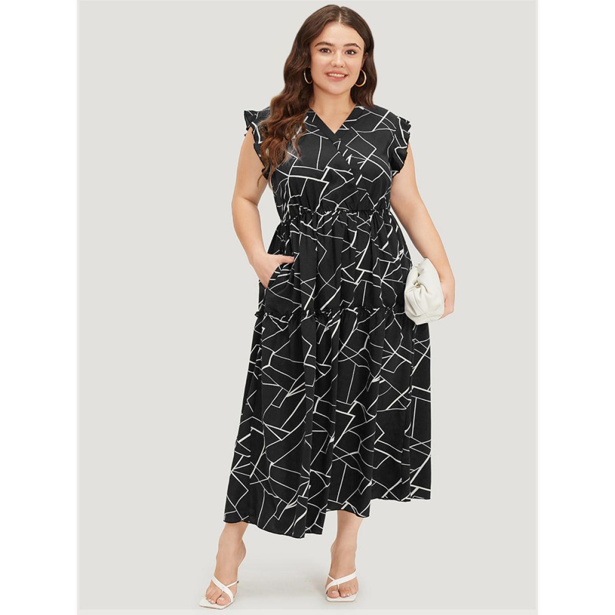 Plus Size Geometric Print Ruffle Cap Sleeve Wrap Layered Hem Dress Black Women Office Printed V-neck Cap Sleeve Curvy Long Dress BloomChic 12/L Product Image