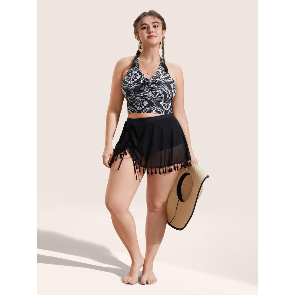 Plus Size Bandana Print Bowknot Adjustable Straps Swim Top Women's Swimwear Black Beach Tie knot High stretch Skinny V-neck Curve Swim Tops BloomChic 10/M Product Image