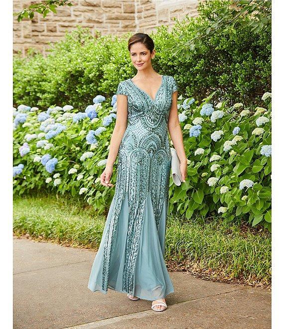 R & M Richards Cap Sleeve V-Neck Godet Insets Embroidered Sequin Dress Product Image