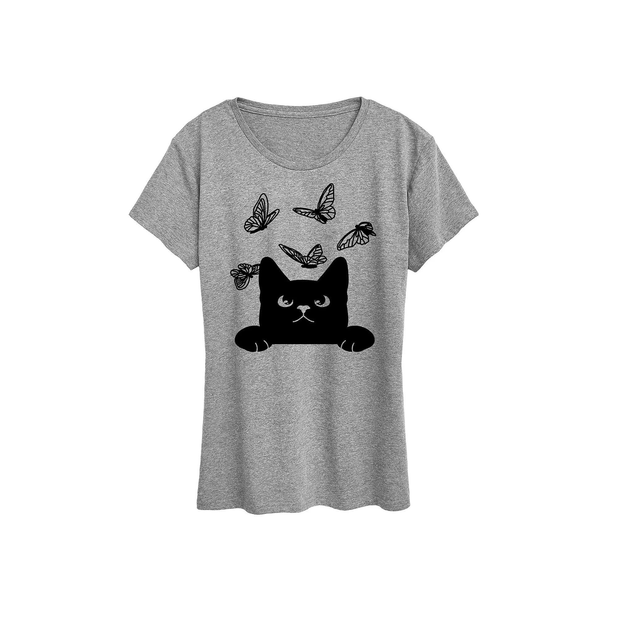 Women's Peeking Cat And Butterflies Graphic Tee,  Product Image