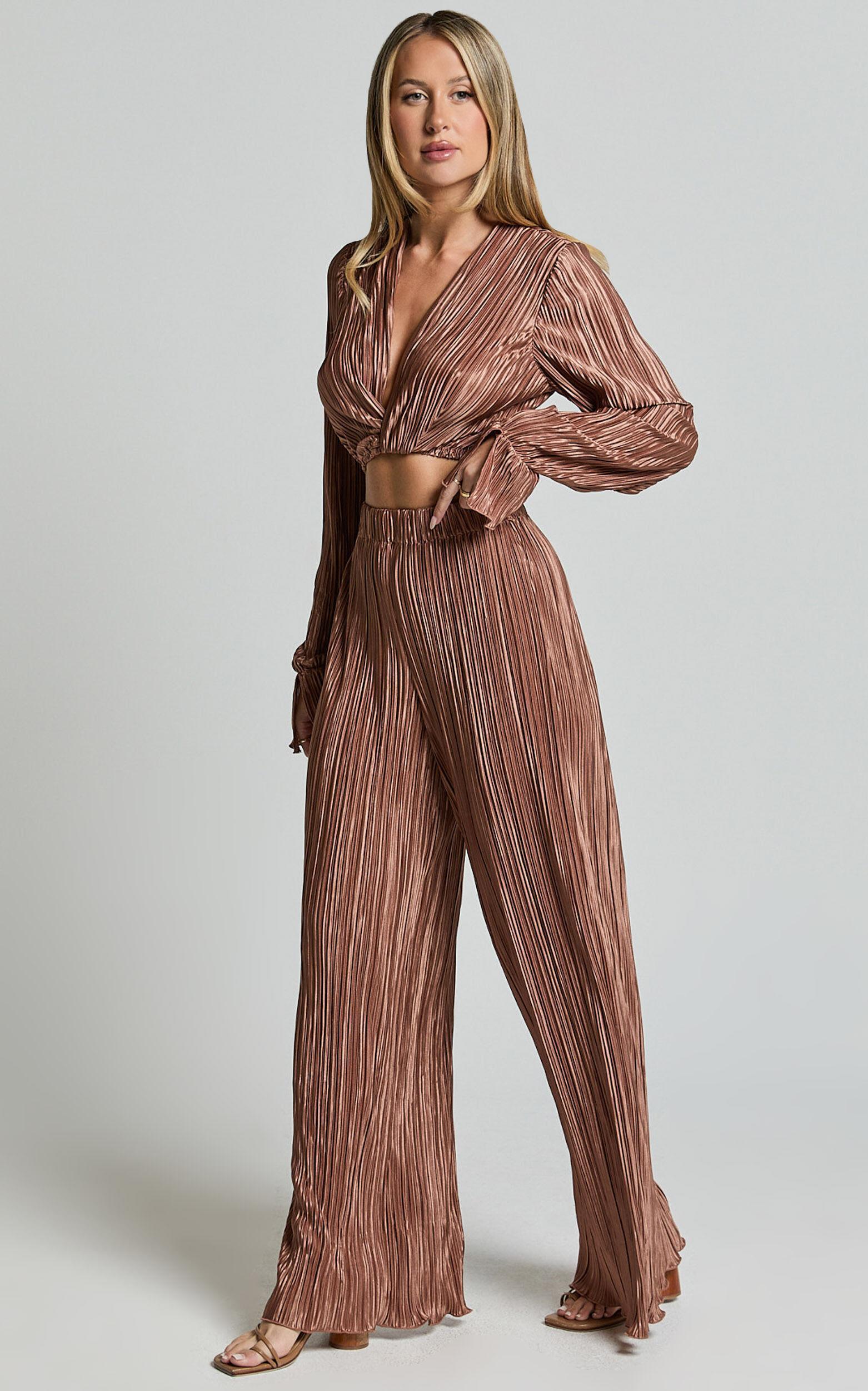 Aluna Two Piece Set - Plisse Twist Front Crop Top and Wide Leg Pants Set in Chocolate Product Image