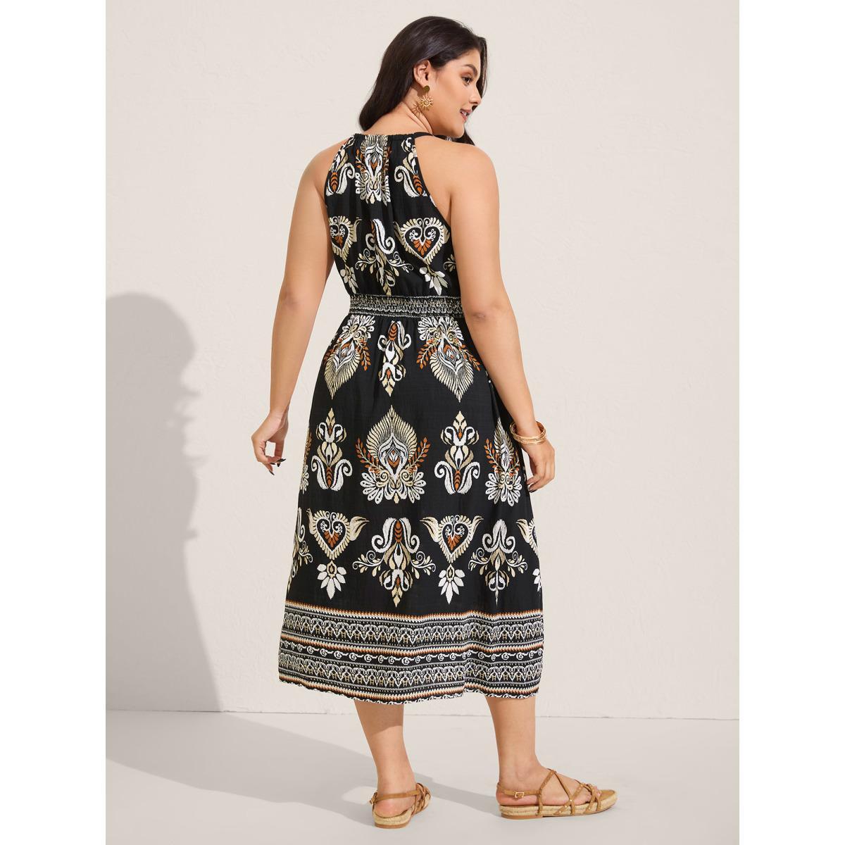 Plus Size Boho Print Pockets Cinched-Waist Midi Dress Black Women V-neck Sleeveless Curvy BloomChic 18-20/2X Product Image
