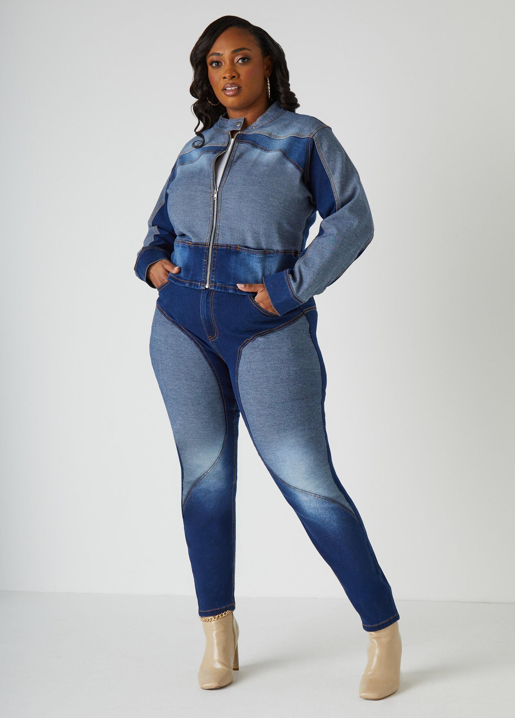 Plus Size Colorblocked Denim Moto Jacket Ashley Stewart Product Image