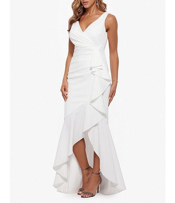 Betsy & Adam Petite Size Sleeveless V-Neck Spiral Ruffle Cascade Gown Product Image