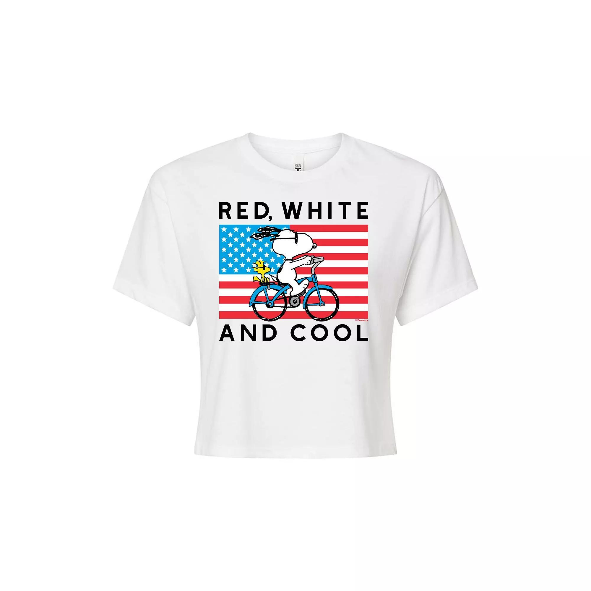 Juniors' Peanuts Bike Riding Snoopy "Red, White & Cool" Cropped Tee, Girl's,  Product Image