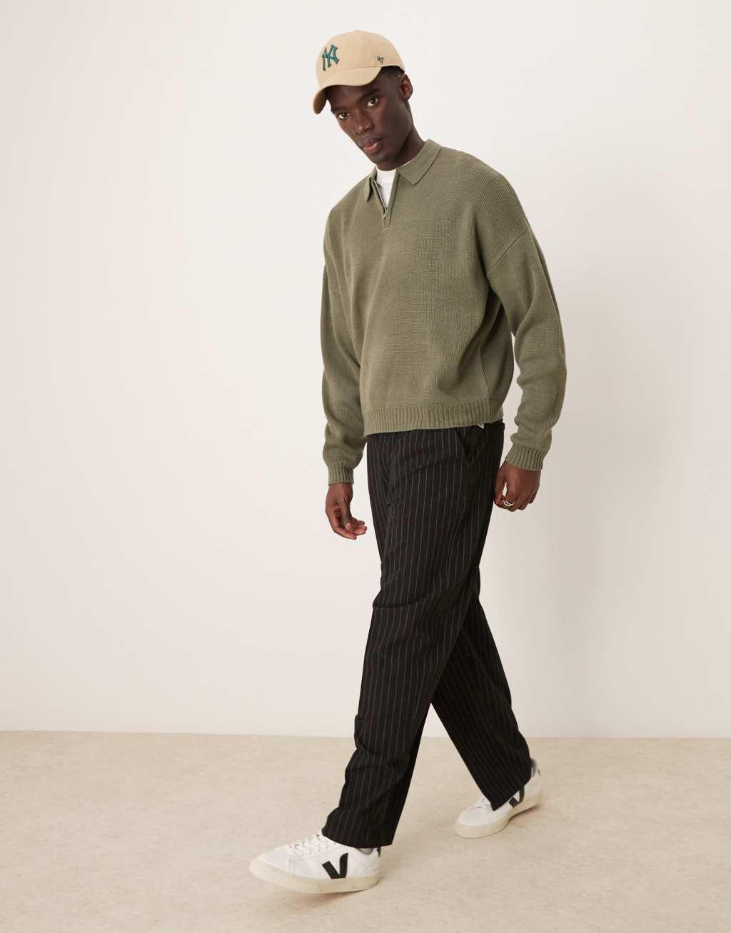 ASOS DESIGN oversized boxy fit knitted polo sweater with quarter zip in khaki Product Image