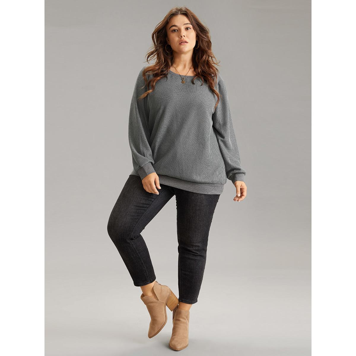 Plus Size Plisse Solid Elastic Hem Crew Neck Sweatshirt Women Gray Casual Rib Knit Round Neck Everyday Sweatshirts BloomChic 18-20/2X Product Image