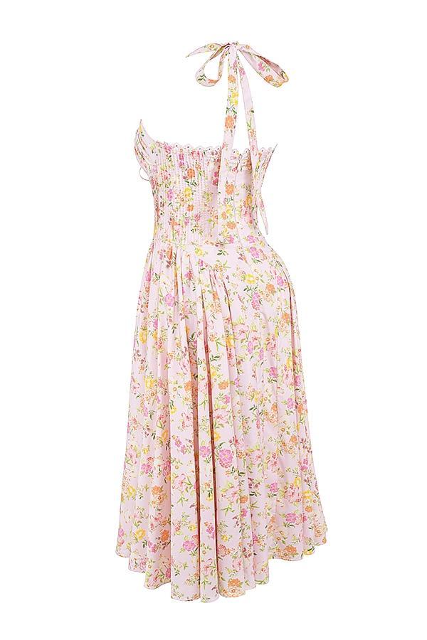 Adabella Pink Meadow Print Cotton Halter Midi Sundress Product Image