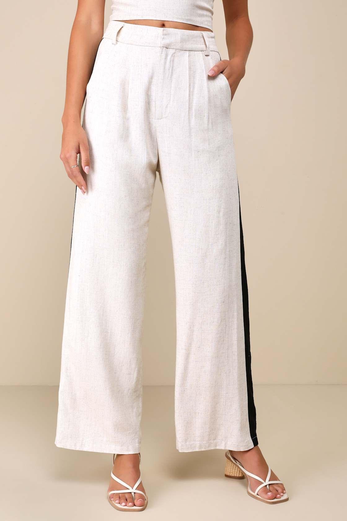 Exceedingly Cool Beige Color Block Linen Straight Leg Pants Product Image