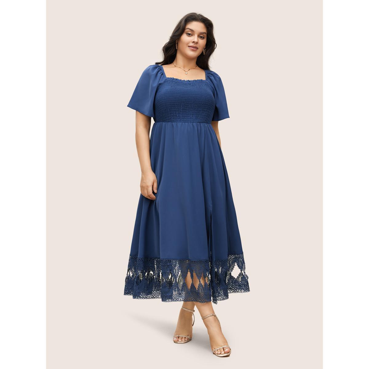 Plus Size Square Neck Shirred Lace Trim Slit Hem Dress DarkBlue Women Elegant Woven ribbon&lace trim Square Neck Short sleeve Curvy BloomChic 26/4X Product Image