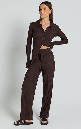 Kelsey Pants - High Drawstring Waist Knit Pants in Chocolate Product Image