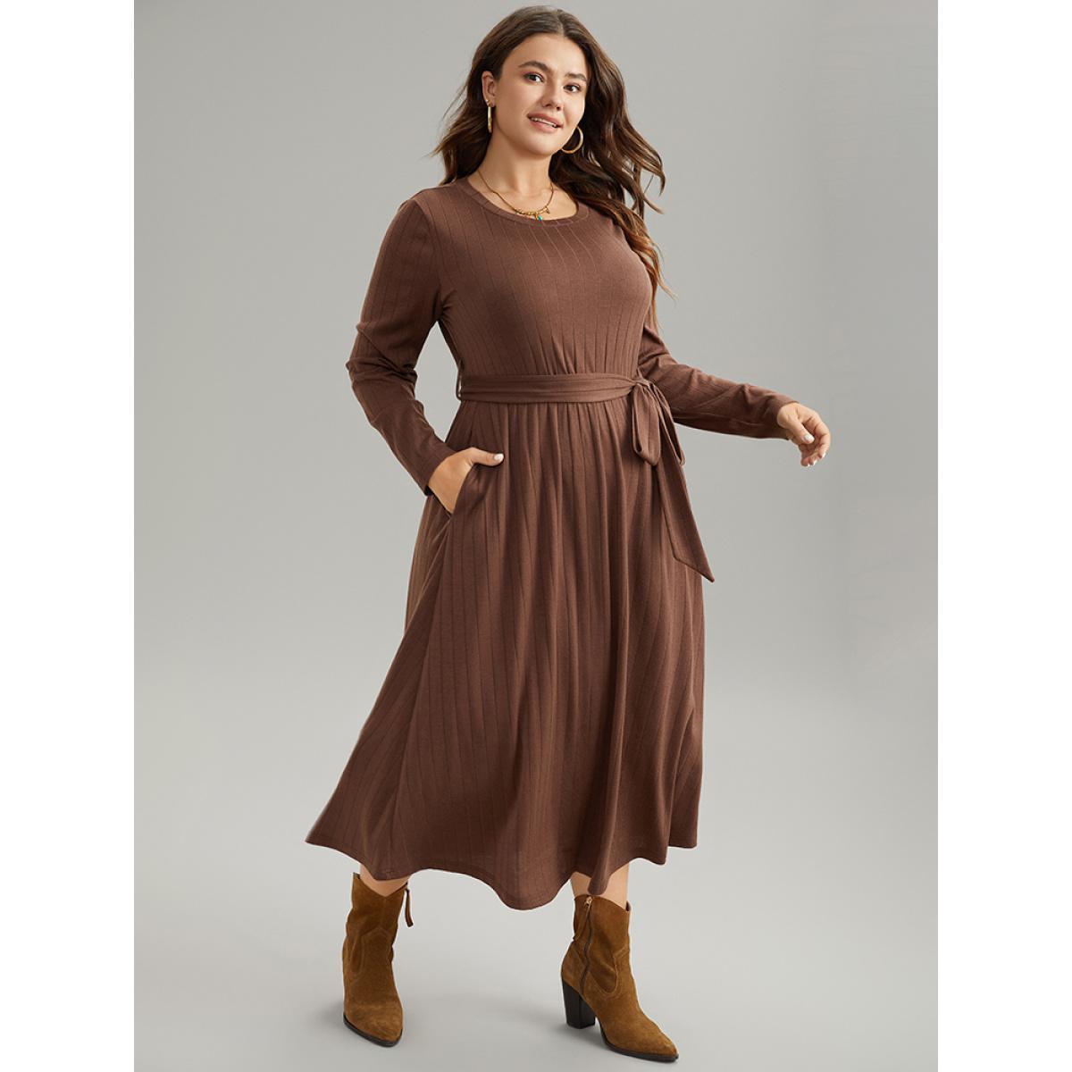 Plus Size Plain Rib Knit Belted Pocket Dress DarkBrown Women Elegant Plain Round Neck Long Sleeve Curvy Midi Dress BloomChic 14-16/1X Product Image