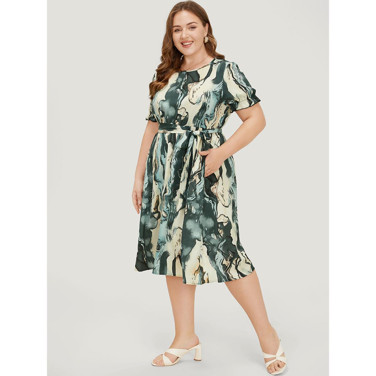 Plus Size Water Ripple Pocket Belt Puff Sleeve Dress Multicolor Women Elegant Round Neck Short sleeve Curvy Midi Dress BloomChic 10/M Product Image
