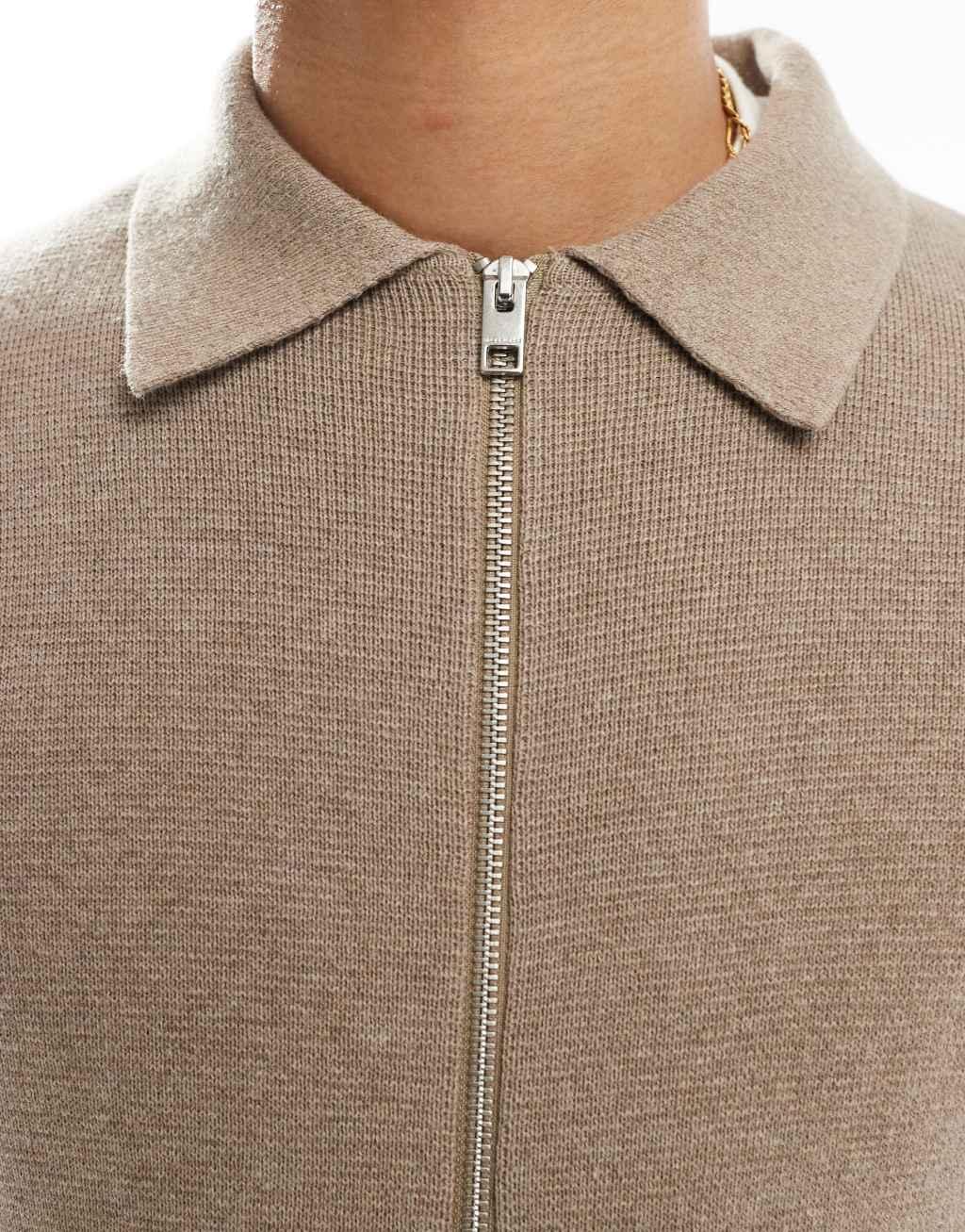 Jack & Jones zip Cardigan with collar in beige Product Image