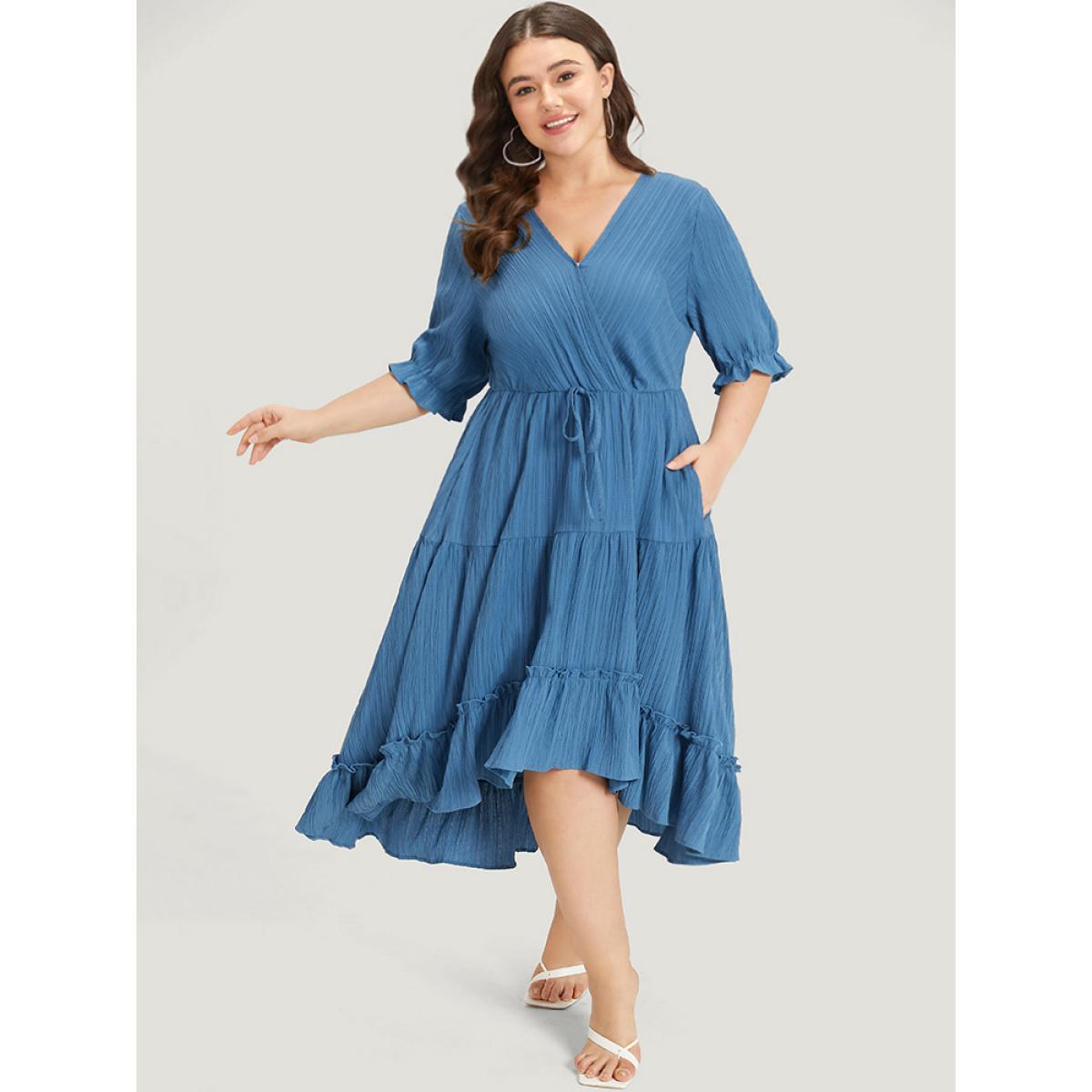 Plus Size Solid Textured Pocket Overlap Collar Flutter Trim Dress Stone Women Elegant Texture V-neck Half Sleeve Curvy Midi Dress BloomChic 12/L Product Image