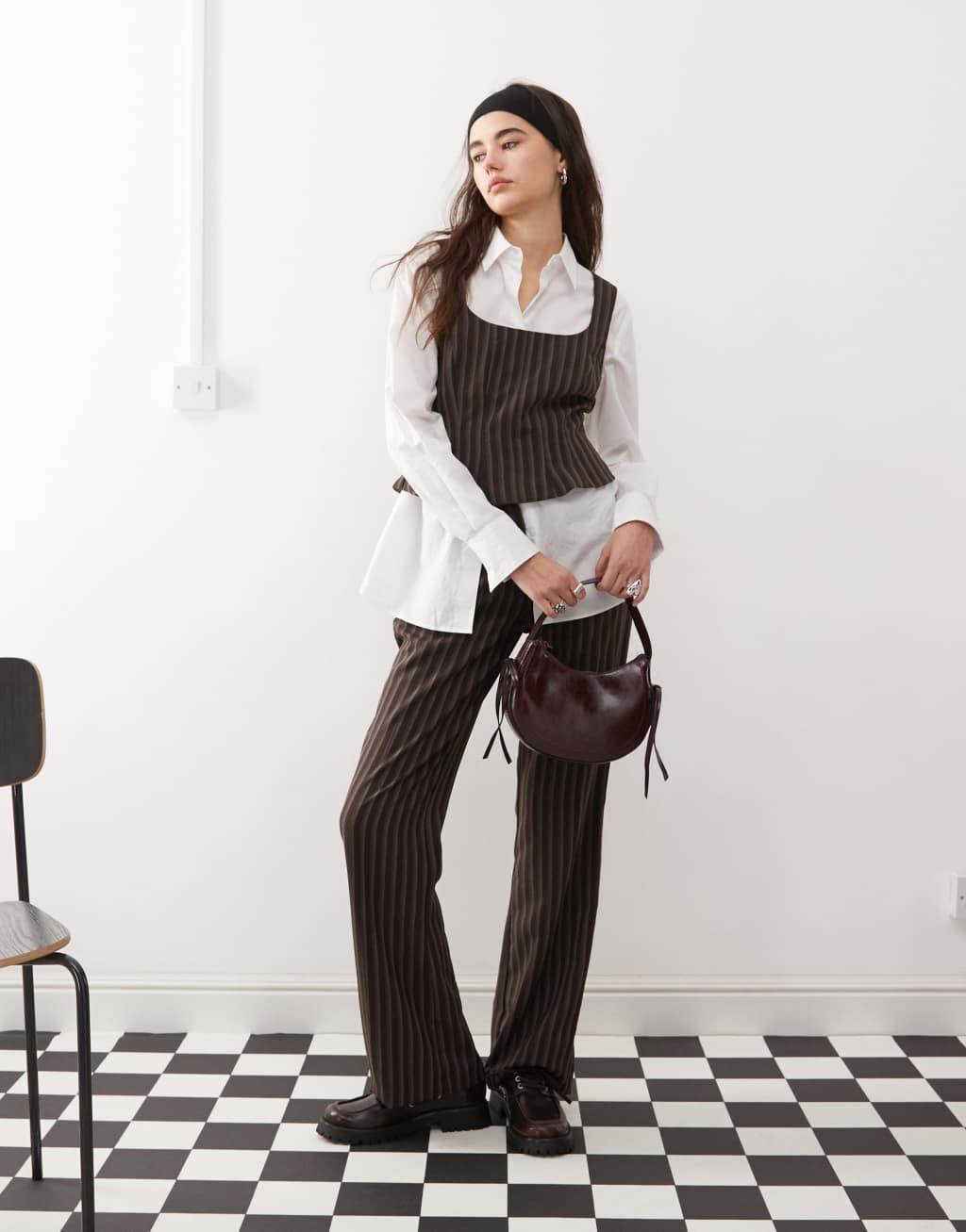 COLLUSION pinstripe tailored corset top in brown Product Image