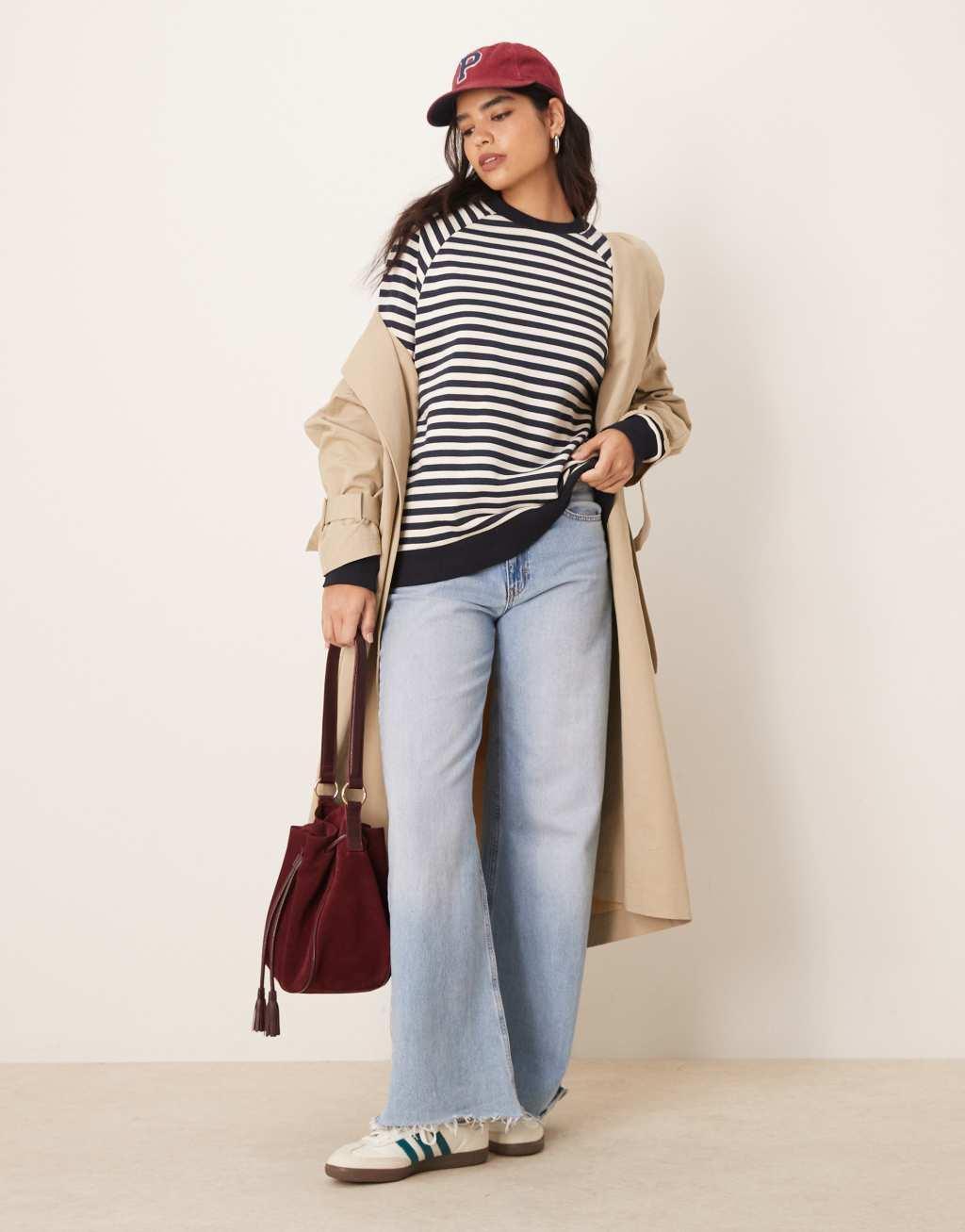 ASOS DESIGN oversized stripe long sleeve sweat with navy rib Product Image