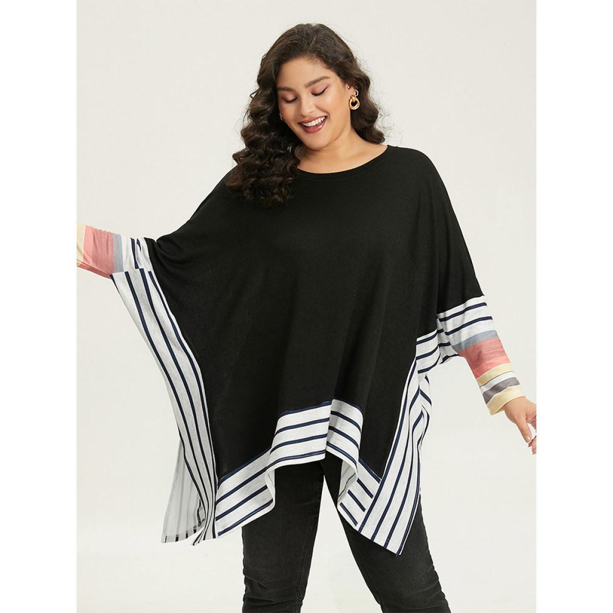 Plus Size Striped Patchwork Colorblock Contrast Crew Neck Sweatshirt Women Black Casual Contrast Round Neck Dailywear Sweatshirts BloomChic 10/M Product Image