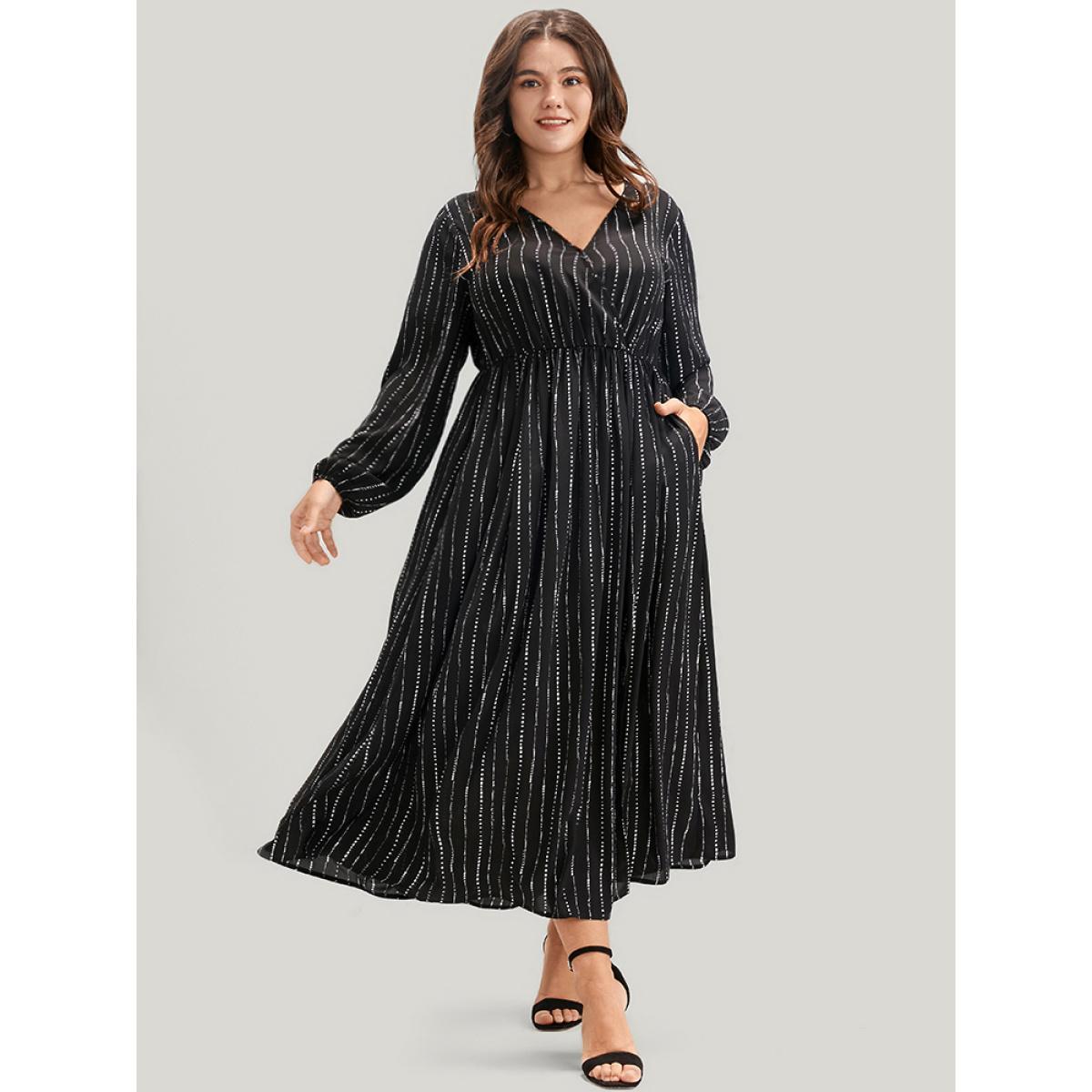 Plus Size Striped Lantern Sleeve Pocket Split Wrap Midi Dress Black Women Elegant Pocket V-neck Long Sleeve Curvy Midi Dress BloomChic 10/M Product Image