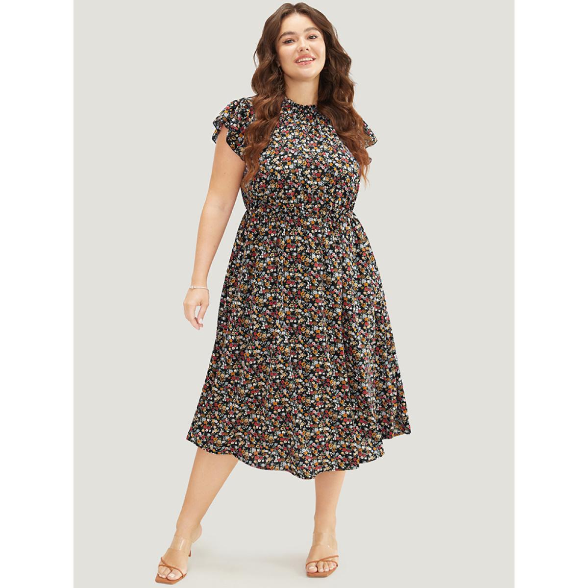 Plus Size Ditsy Floral Ruffle Sleeve Pocket Frill Trim Mock Neck Dress Black Women Elegant Pocket Mock Neck Half Sleeve Curvy Midi Dress BloomChic 26/4X Product Image