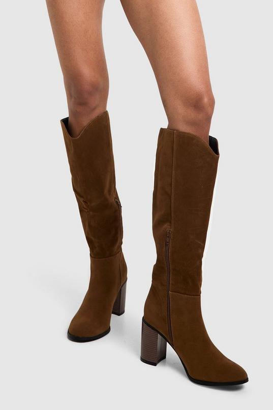 Faux Suede Wooden Stack Heel Detail Knee High Boot  Product Image