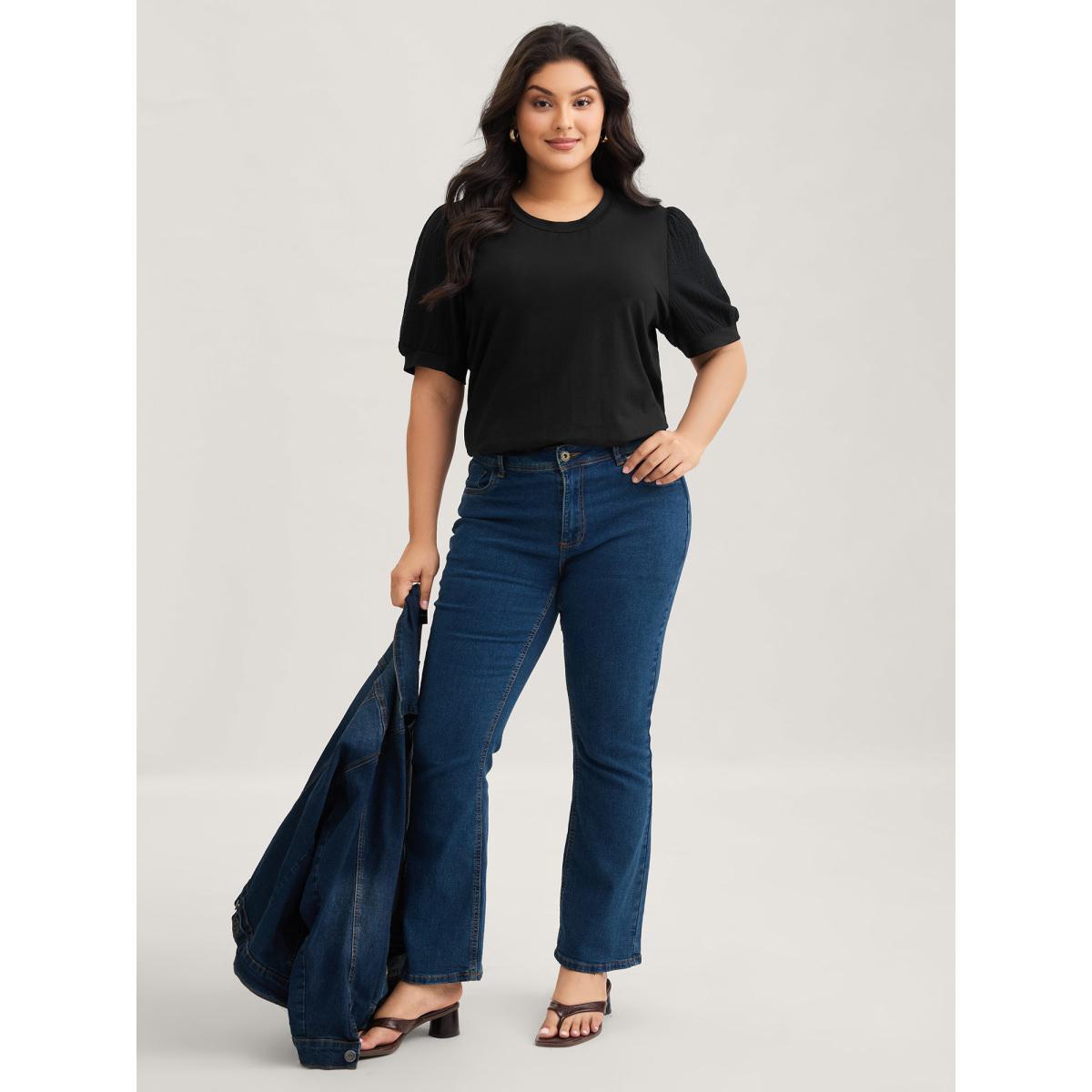 Plus Size Plain Textured Patchwork Lantern Sleeve T-Shirt Black Women Leisure Texture Round Neck Casual T-shirts BloomChic 22-24/3X Product Image