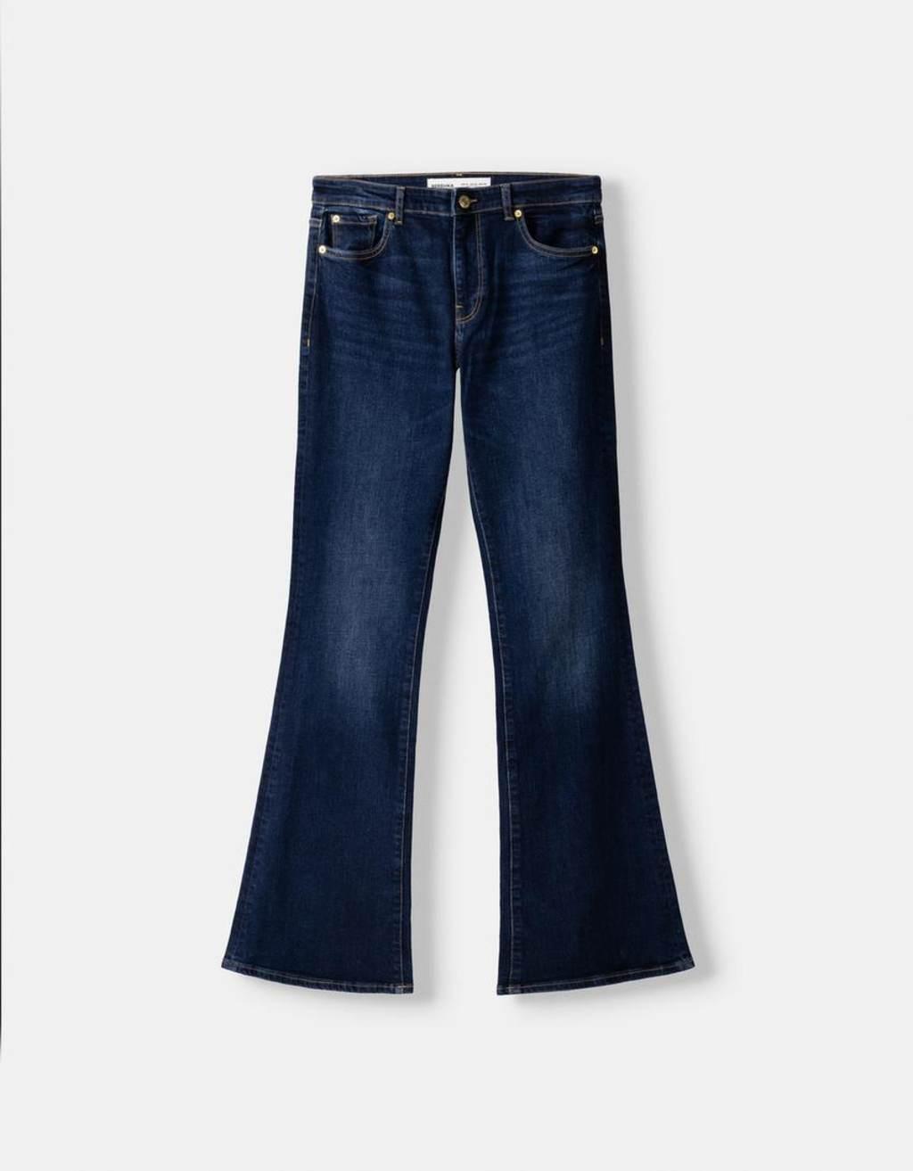 Bershka high rise flared jeans in dark wash Product Image