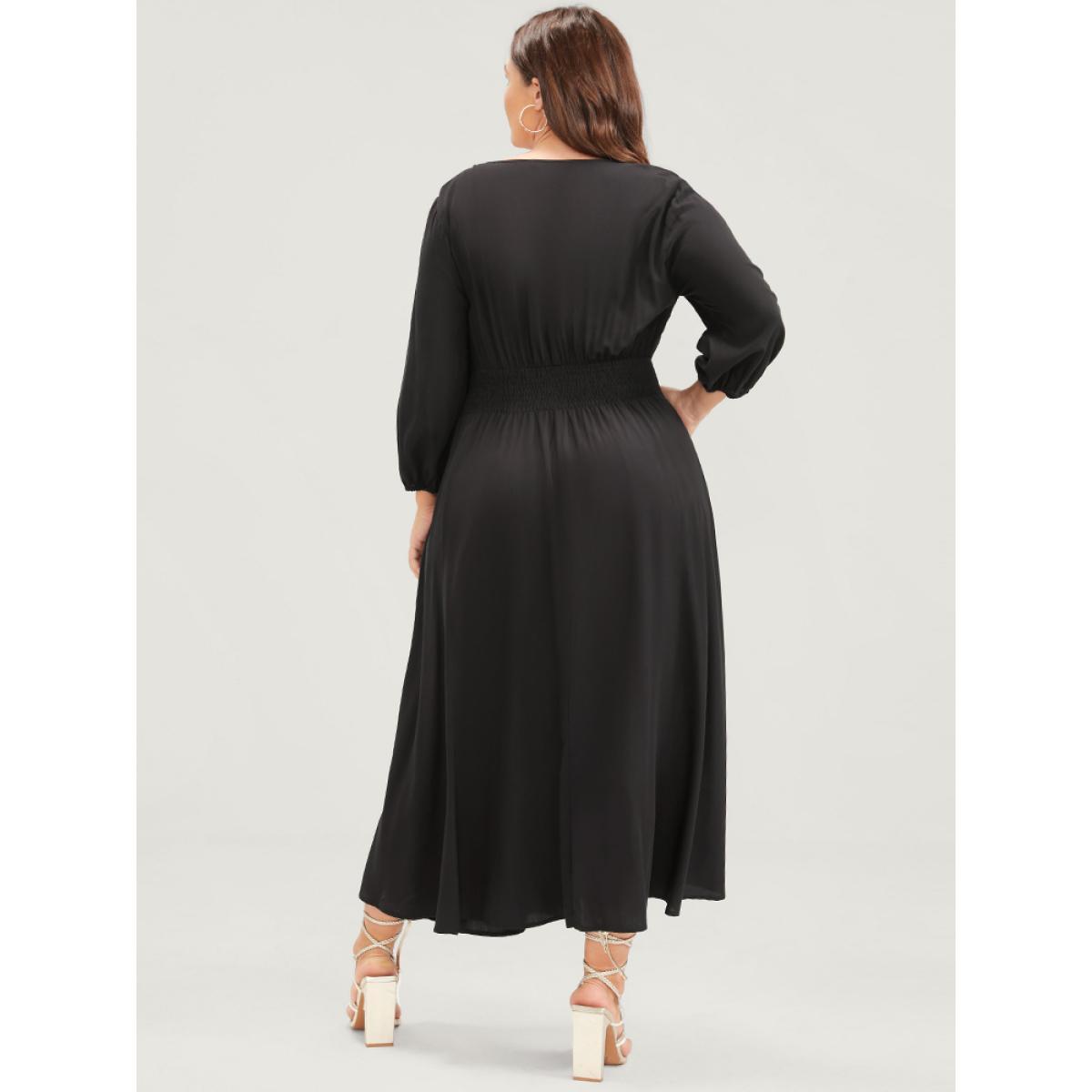 Plus Size Solid V Neck Lantern Sleeve Pocket Button Shirred Split Dress Black Women Elegant Elastic Waist V-neck Elbow-length sleeve Curvy Midi Dress BloomChic 22-24/3X Product Image