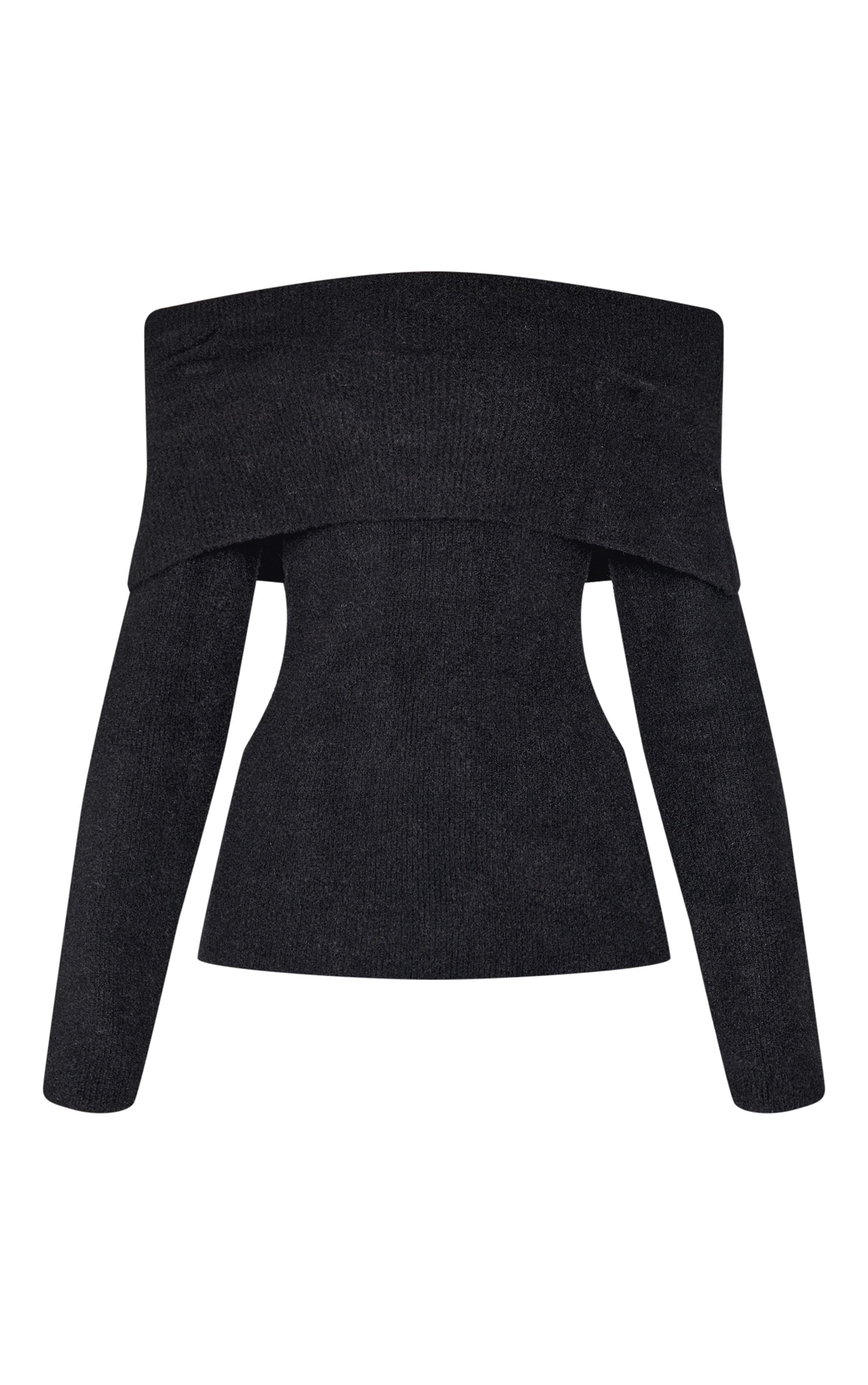 Black Soft Knit Foldover Bardot Top Product Image