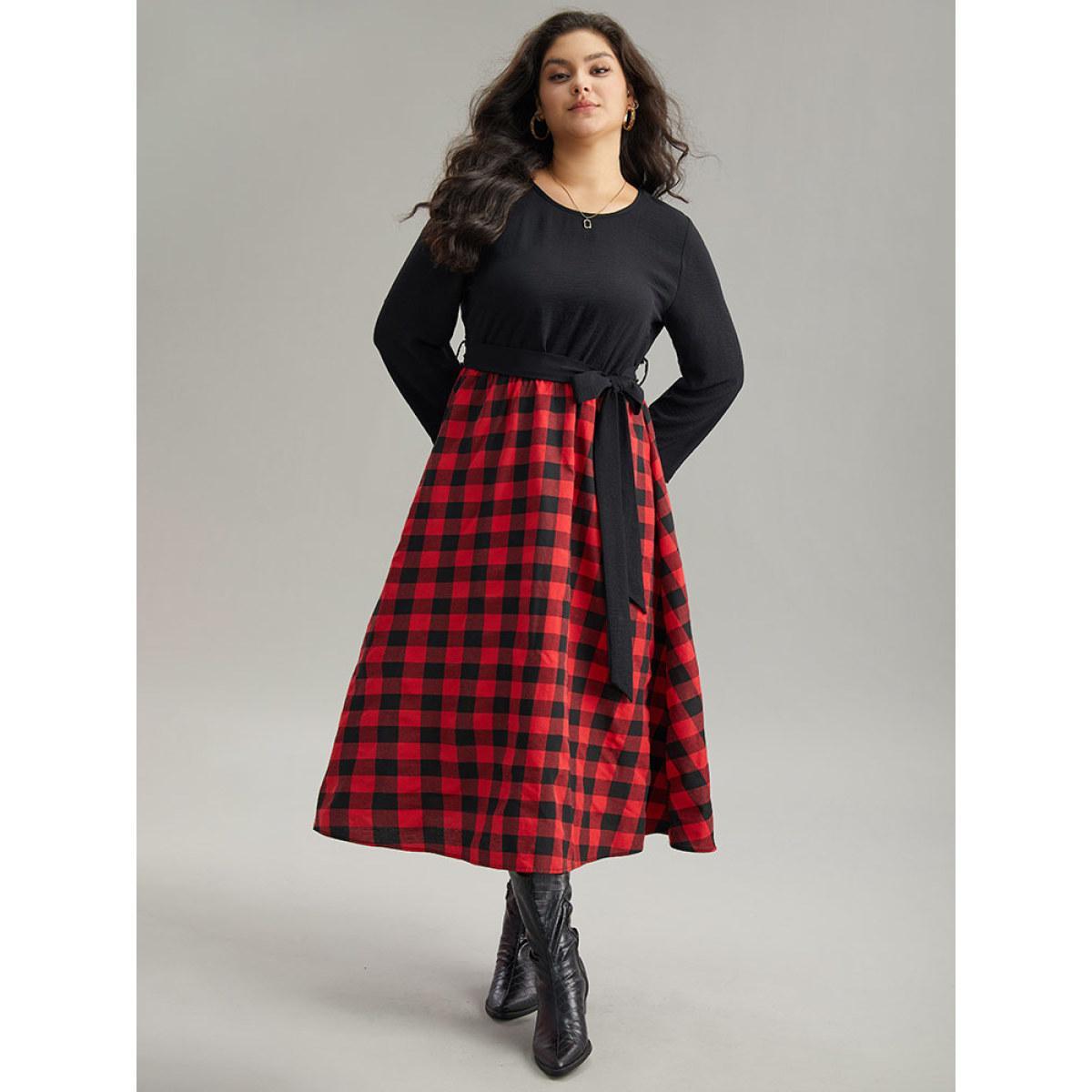 Plus Size Plaid Patchwork Contrast Round Neck Belted Dress Black Women Casual Belted Round Neck Long Sleeve Curvy Midi Dress BloomChic 28/5X Product Image