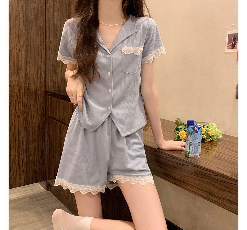 Pajama Set: Short-Sleeve Lace Trim Shirt + Shorts Product Image