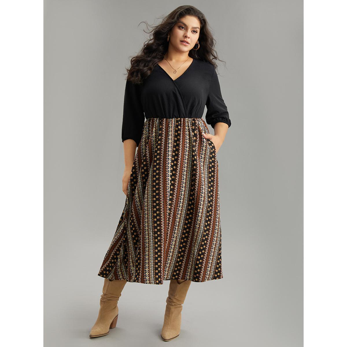 Plus Size Bandana Striped Patchwork Wrap Dress Black Women Vacation Elastic cuffs V-neck Elbow-length sleeve Curvy Midi Dress BloomChic 30/6X Product Image