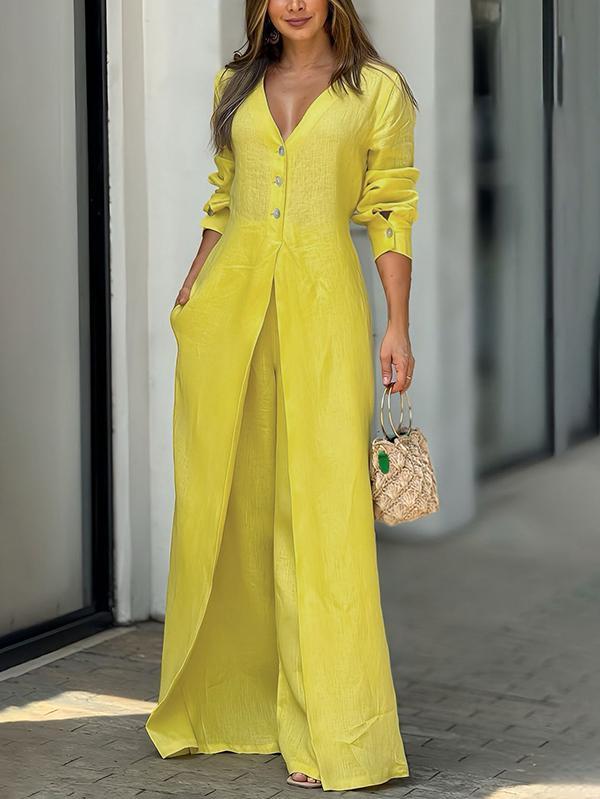 High Waisted Long Sleeves Buttoned Pockets Solid Color V-Neck Jumpsuits Product Image