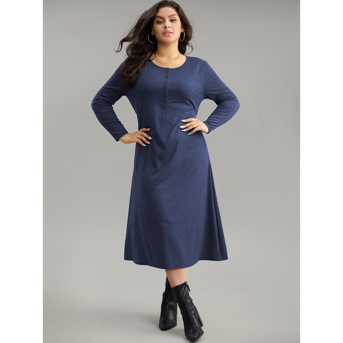 Plus Size Supersoft Solid Button Up Pocket Dress DarkBlue Women Timeless Non Round Neck Long Sleeve Curvy Midi Dress BloomChic 18-20/2X Product Image