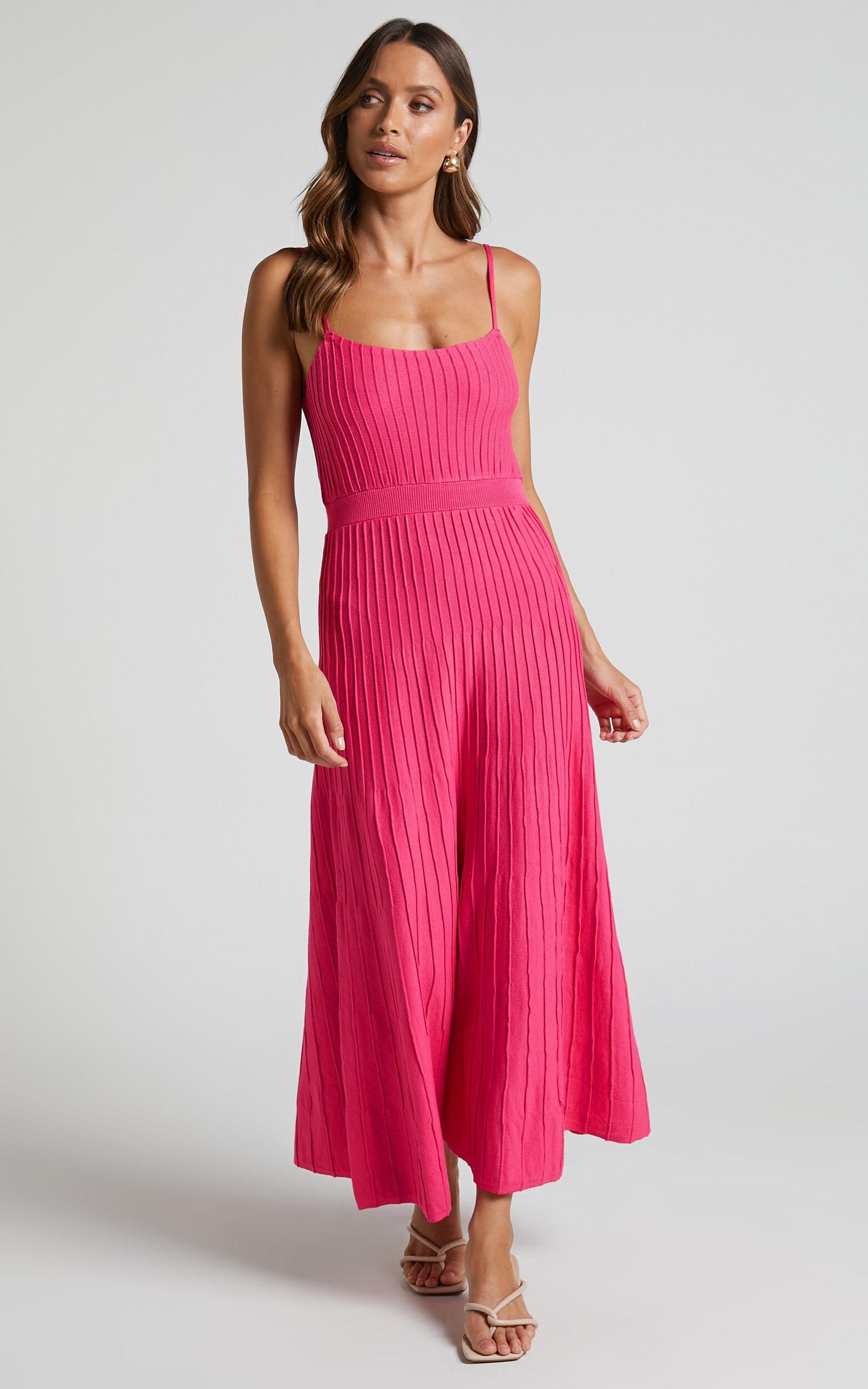 Donissa Midi Dress - Panelled Knit Dress in Hot Pink Product Image