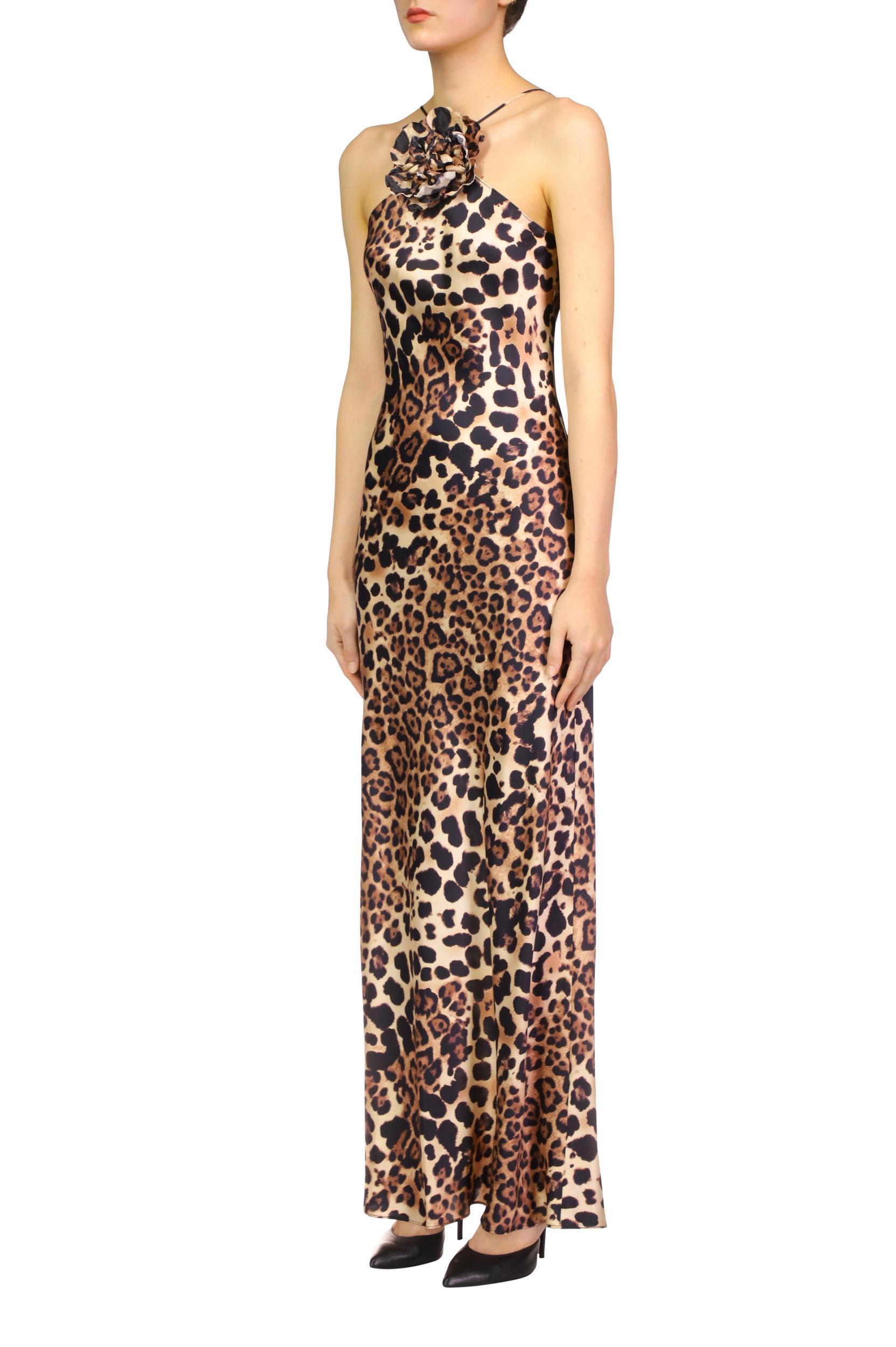 Leopard Printed Silk Satin Bias Halter Gown With Silk Flower Pin Product Image