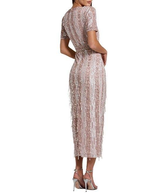 Mac Duggal Short Sleeve Sequined Beaded Sheath Midi Dress Product Image