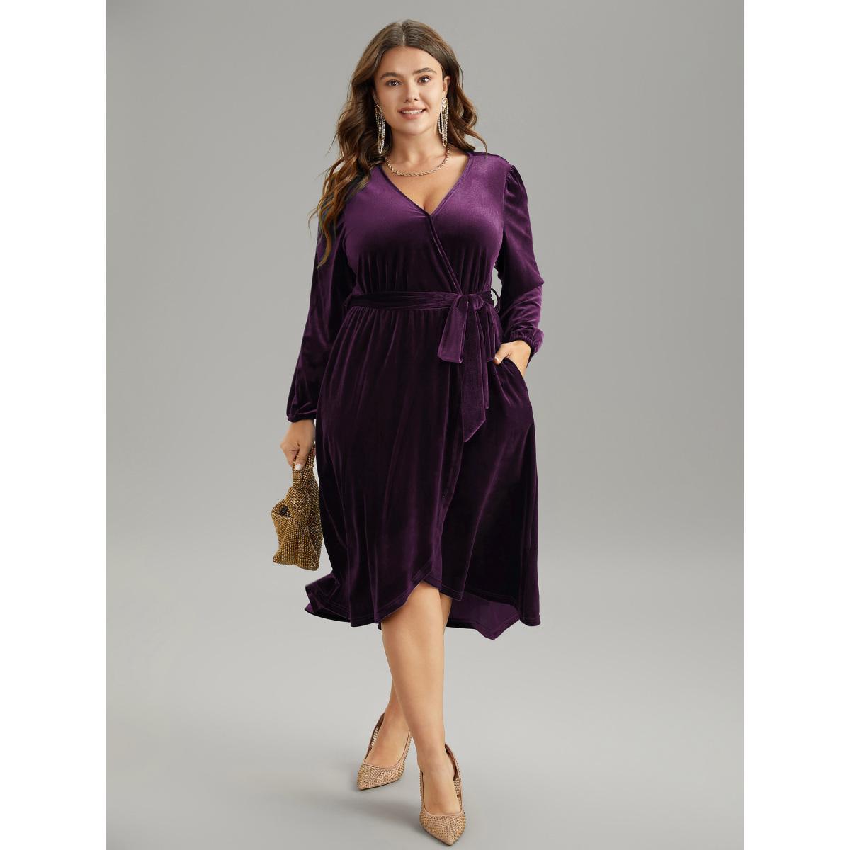Plus Size Solid Velvet Belted Wrap Arc Hem Dress Black Women Elegant Elastic cuffs Overlap Collar Long Sleeve Curvy Midi Dress BloomChic 18-20/2X Product Image